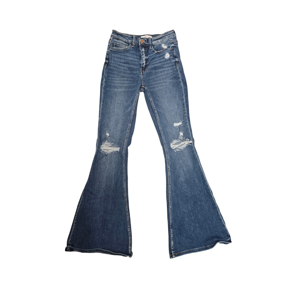 Flying Monkey High Rise Super Flare Distressed Stretch Jeans 26 Medium Wash
